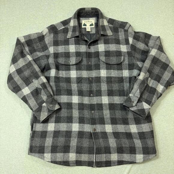 Vintage LL Bean Insulated Wool Blend Gray Plaid Coat Mens Sz Large Jacket Snap